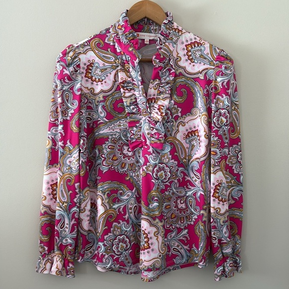 Jude Connally Palm Beach Paisley Pink Long Sleeve Top Ruffle V Neck Size S - Picture 2 of 8